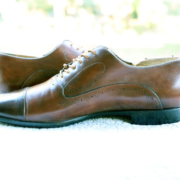 Santoni 9-D Italian Brown Cap Toe Oxford Mens Dress Shoes - Picture 9 of 13